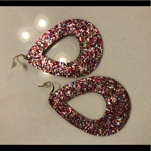 Leather teardrop shape earrings multicolor glitter